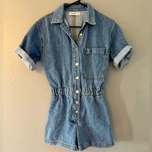 Pull&Bear Denim One-Piece Romper in Blue